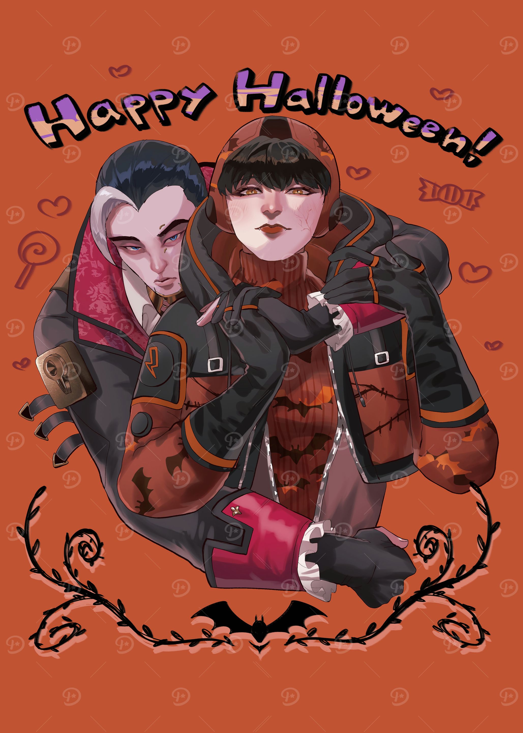 Halloween Illustration with Vampire and Companion