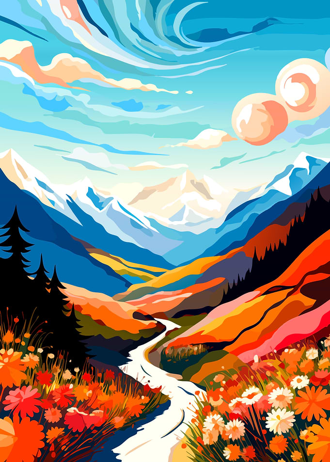 Colorful Mountain Landscape with River