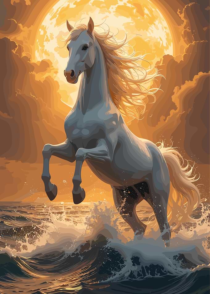 White Horse Rearing in Ocean Waves