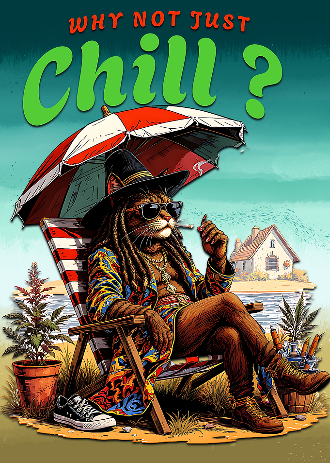 Chill Cat on Beach 'WHY NOT JUST Chill?'