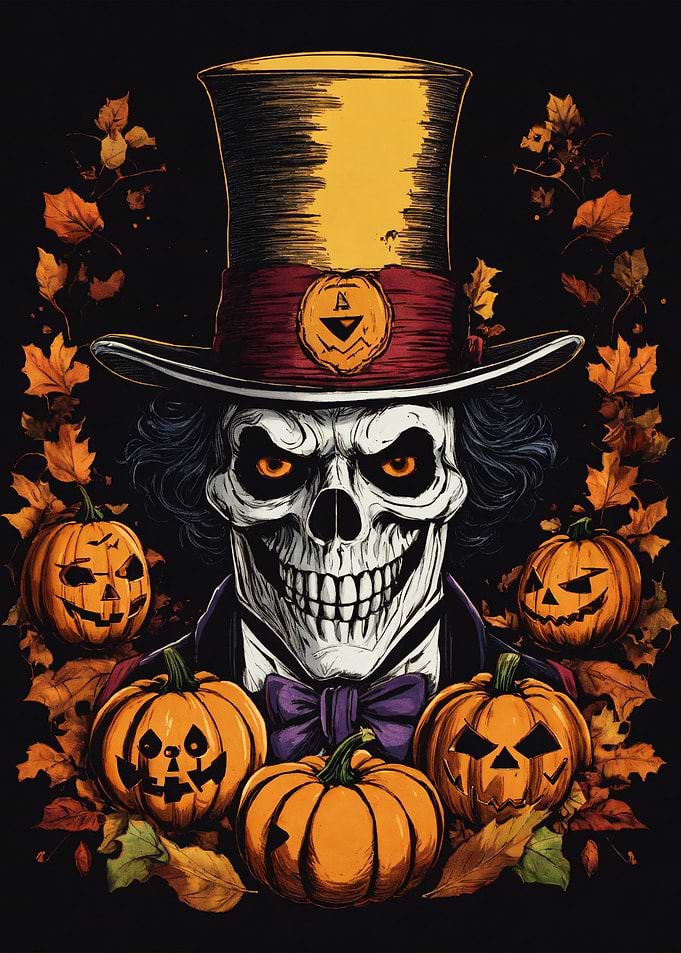 Halloween Skeleton with Pumpkins and Leaves