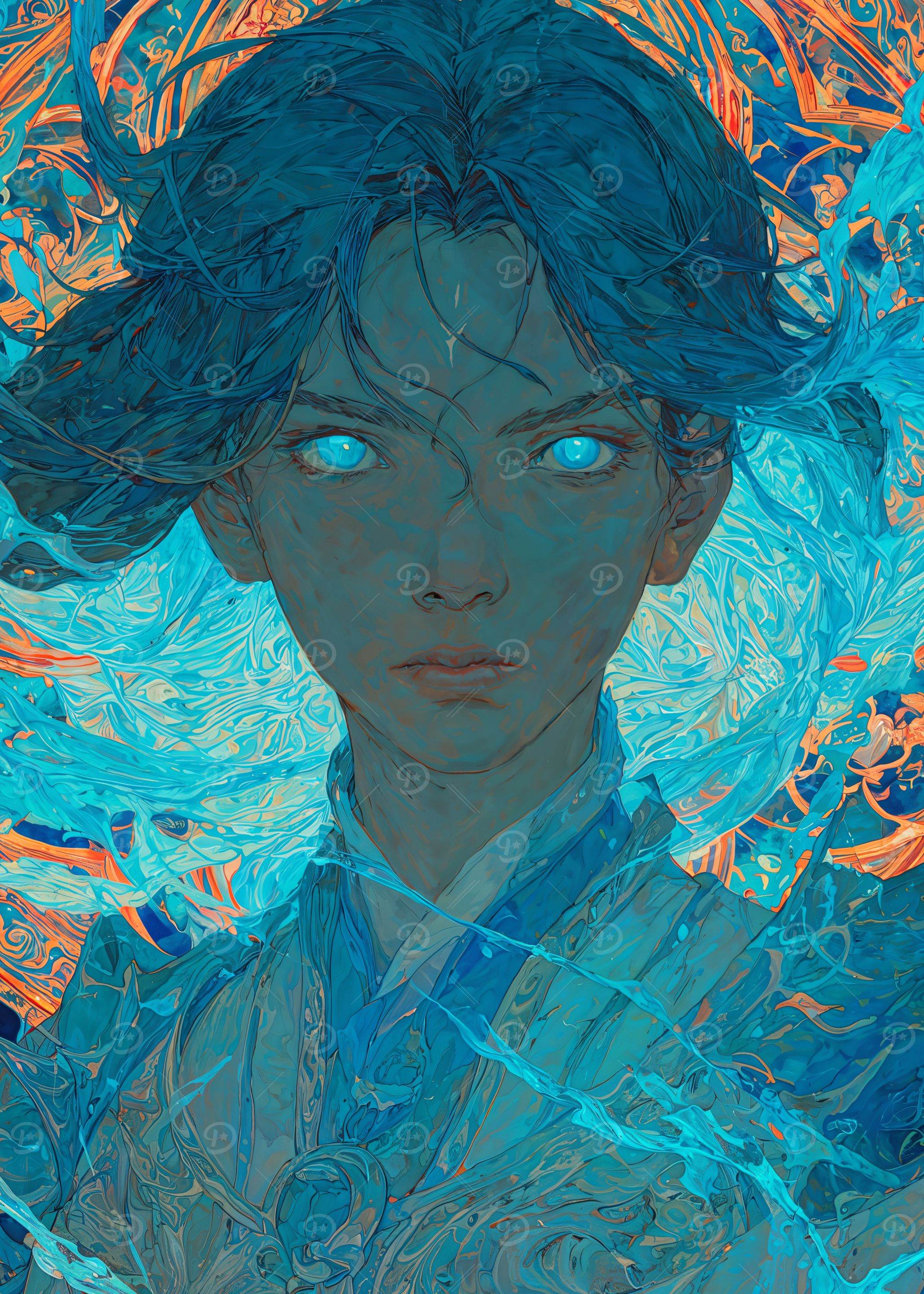 Blue-toned portrait with glowing eyes