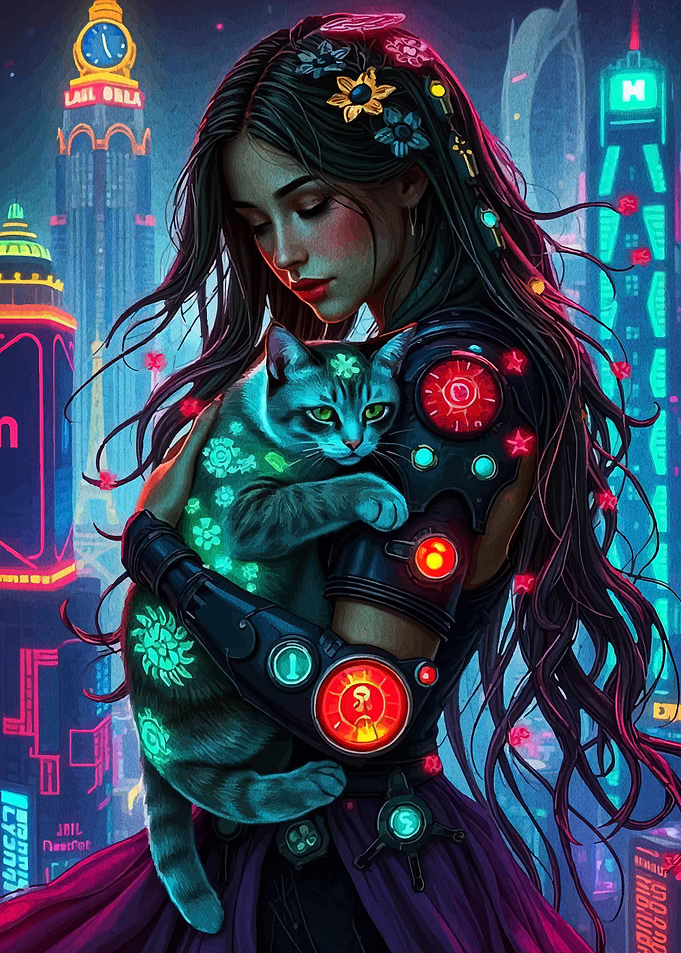 Cyberpunk Girl with Glowing Cat
