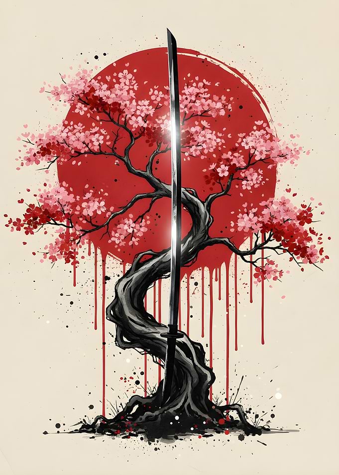 Samurai Sword with Cherry Blossom Tree