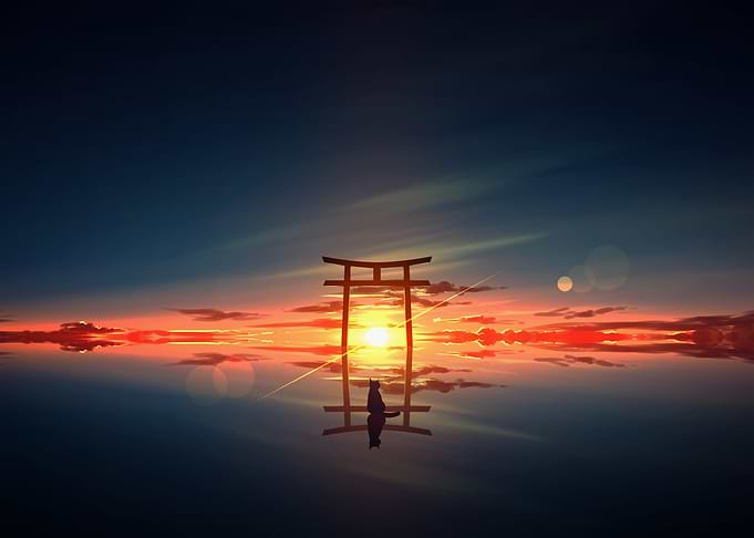Torii Gate Sunset with Cat Silhouette
