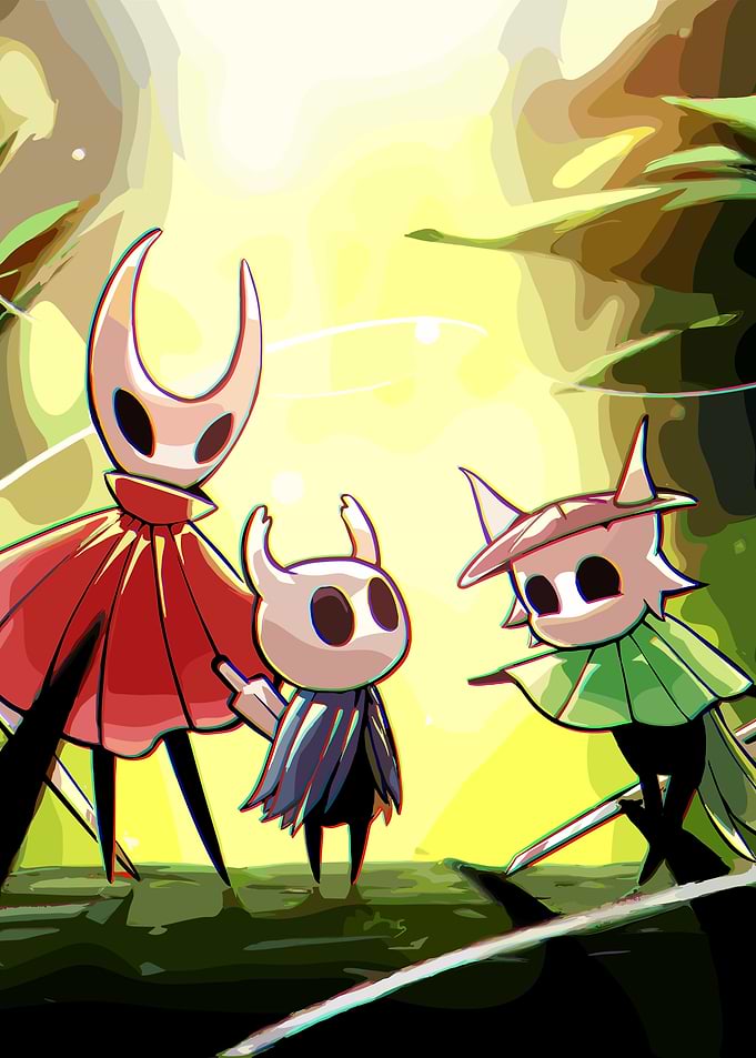 Hollow Knight characters in a forest