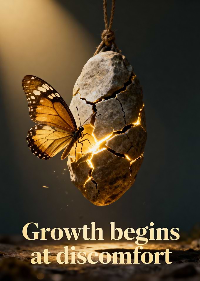 Butterfly emerging from cracked stone egg