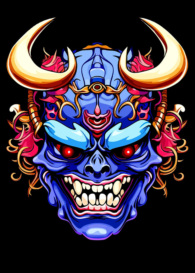 Blue Oni Mask with Golden Horns