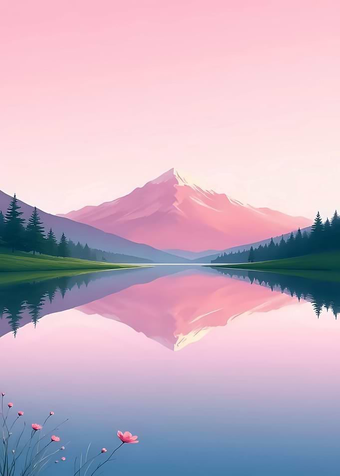 Pink Mountain at Lake Reflection Landscape Nature