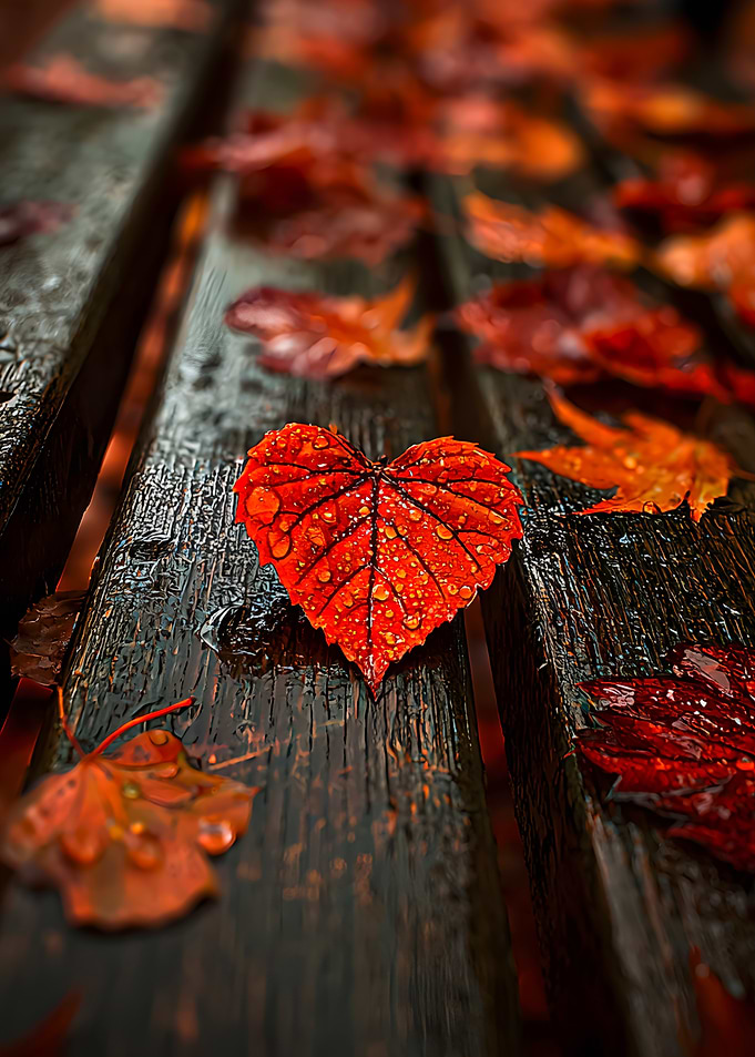Heart-shaped leaf on wooden bench