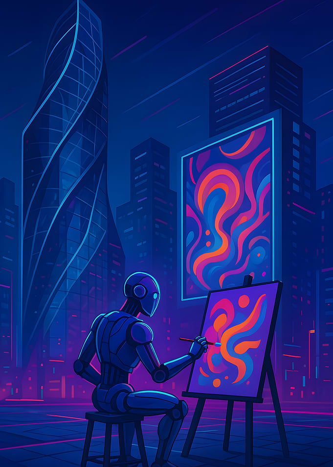 Robot Artist in Neon Cityscape