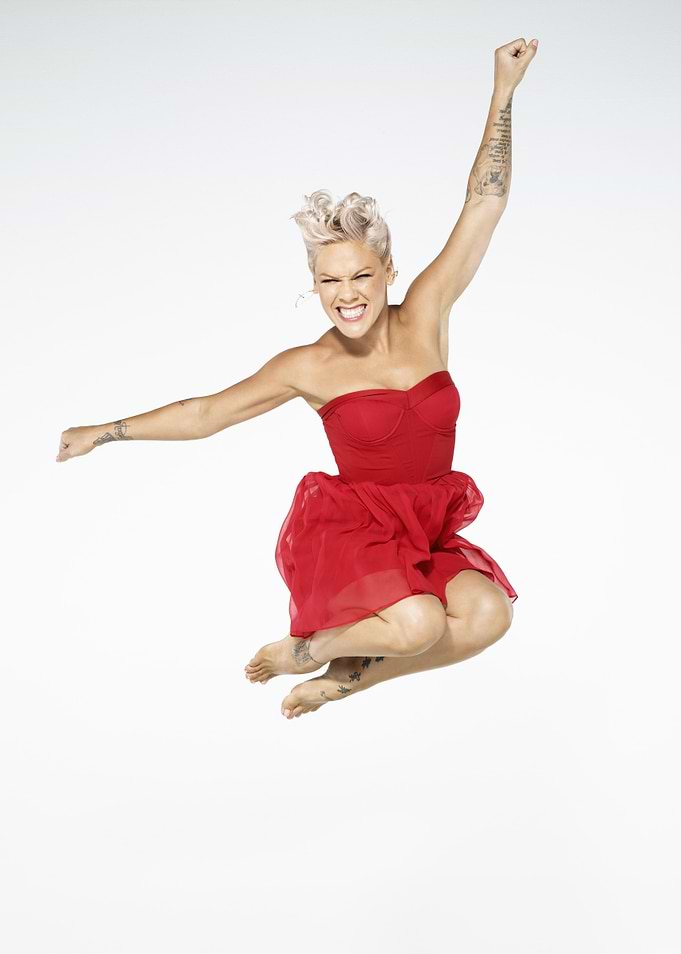 Pink in Red Dress Jumping