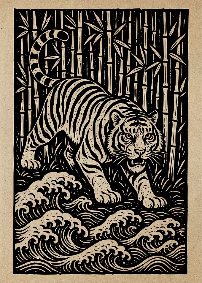 Tiger in Bamboo Forest Woodcut Print