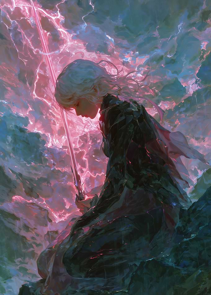 Anime Warrior with Sword in Stormy Setting