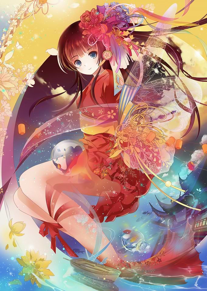 Anime Girl in Kimono with Floral Headdress