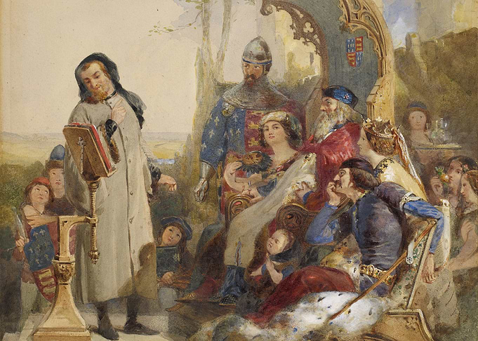 Medieval Court Scene Watercolor Painting