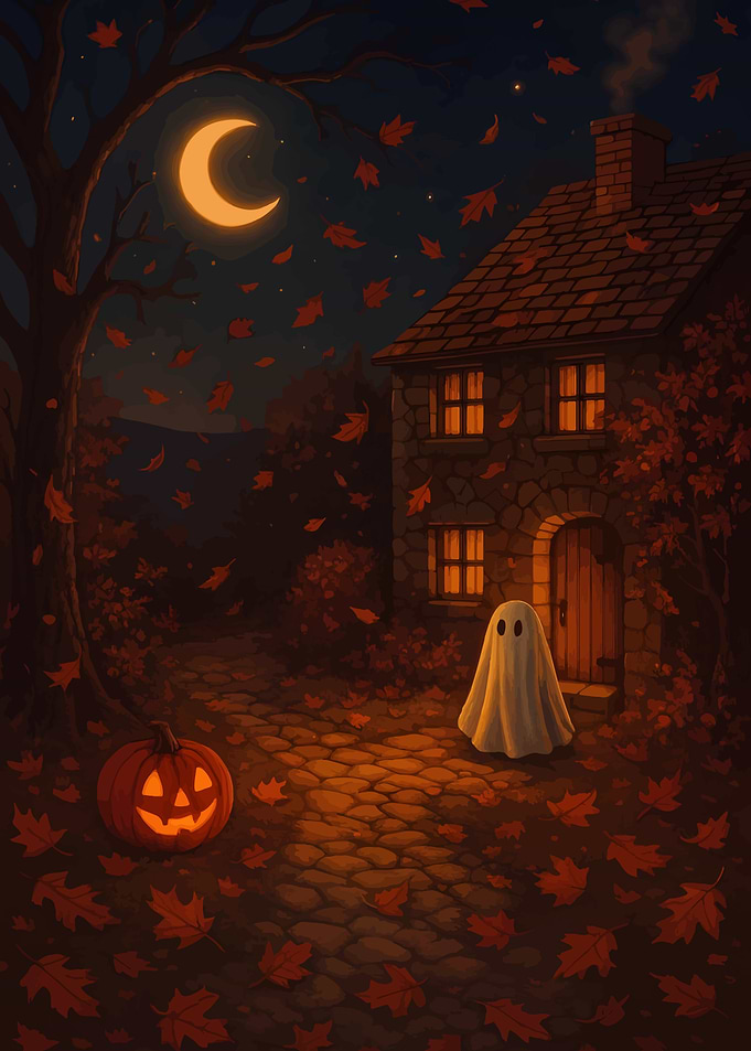 Halloween Night with Ghost and Pumpkin