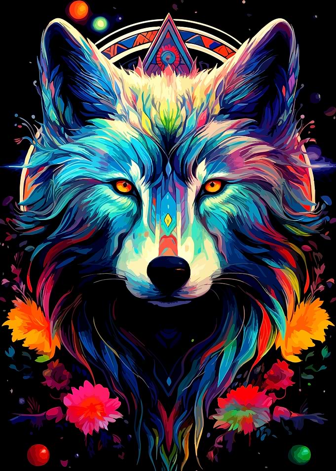 Colorful Wolf Portrait with Floral Accents