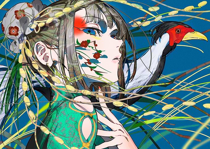 Anime Girl with Bird and Flowers