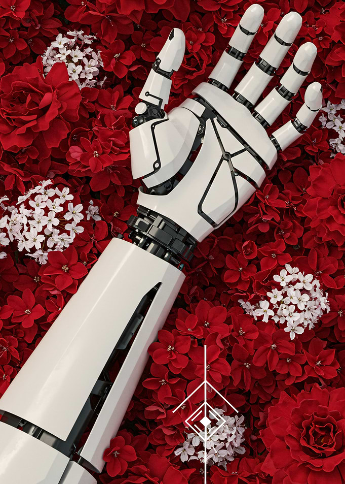 Robotic Arm Amidst Floral Bloom