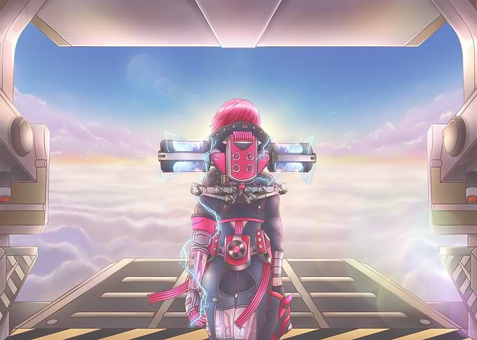 Futuristic Character on Platform Above Clouds