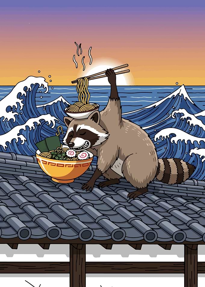 Raccoon with Ramen on Rooftop