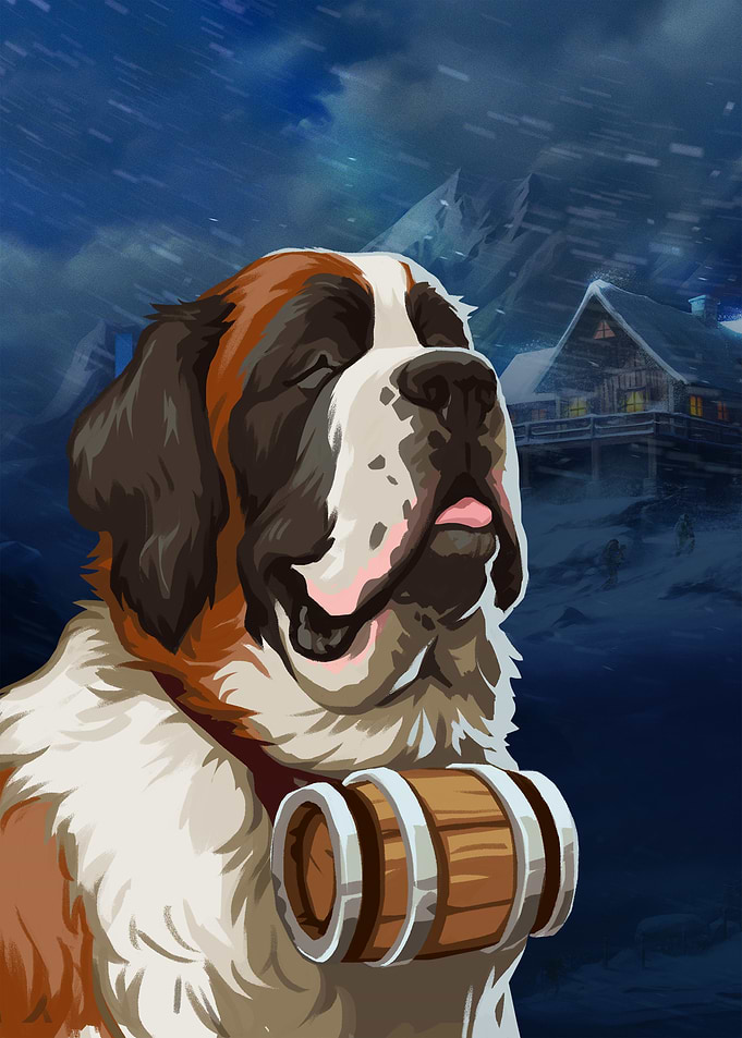 Saint Bernard with Barrel in Snowy Scene