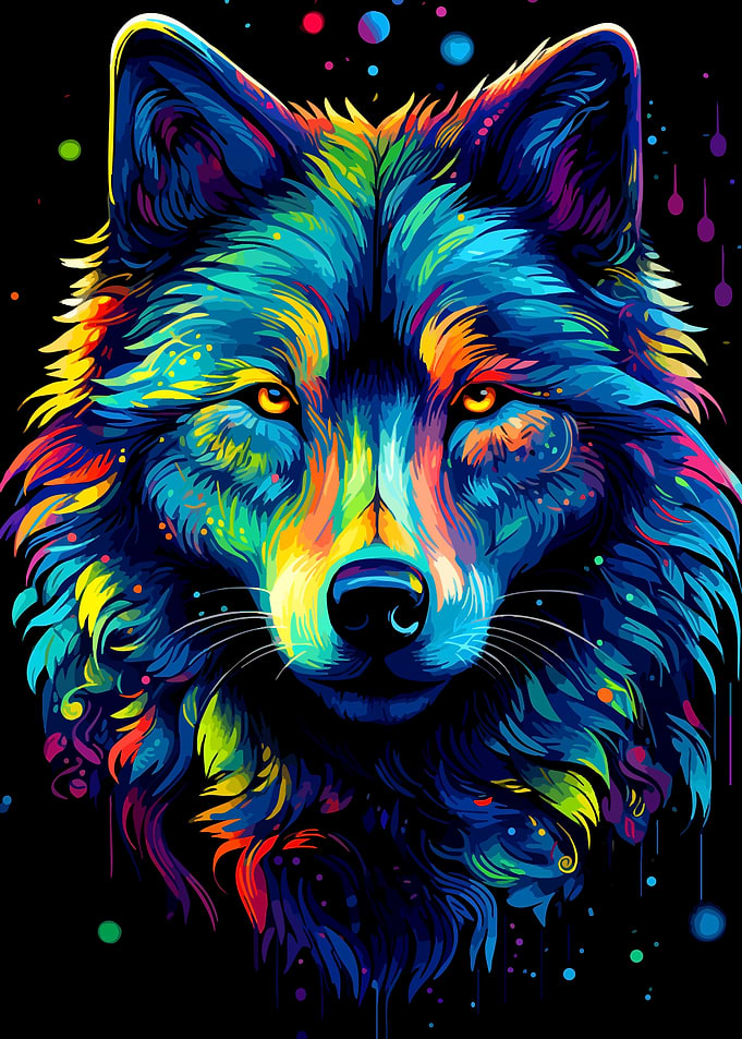 Colorful Wolf Portrait on Black Background