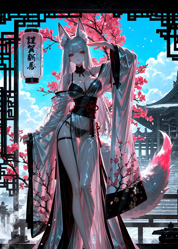 Fox Girl in Kimono with Cherry Blossoms