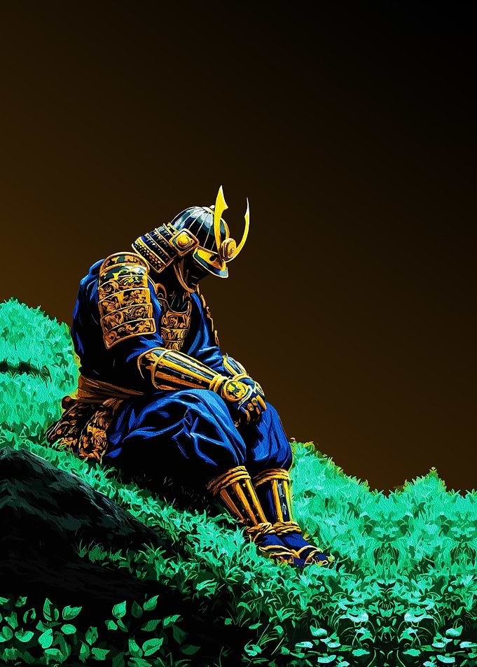 Pensive Samurai in Blue and Gold