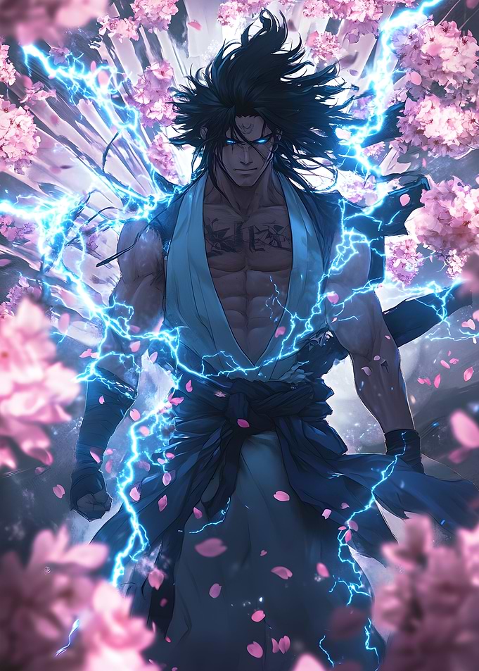 Shuriken Surrounded by pink cherry blossoms and blue