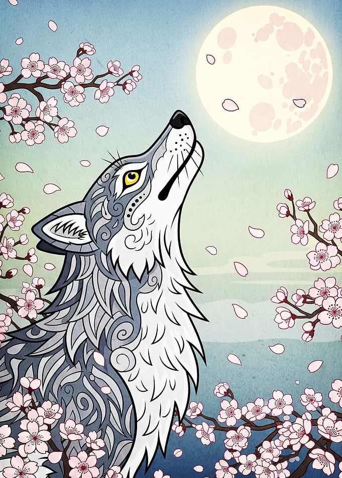 Wolf Howling Moon Cherry Blossoms