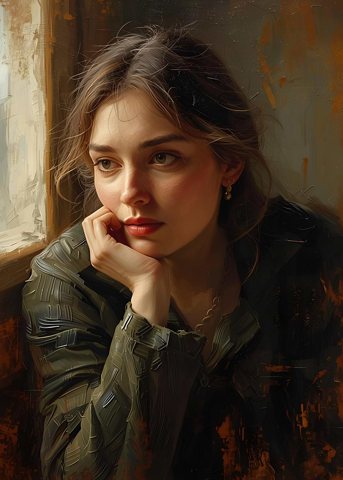 Pensive Woman by the Window Painting