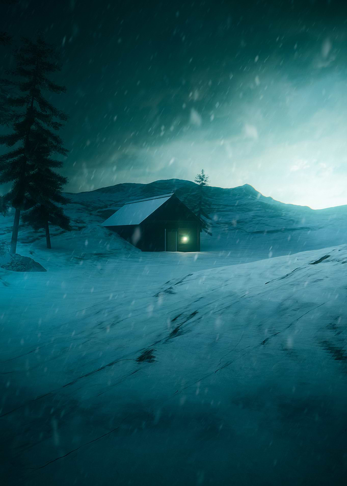 Snowy Cabin in Winter Landscape
