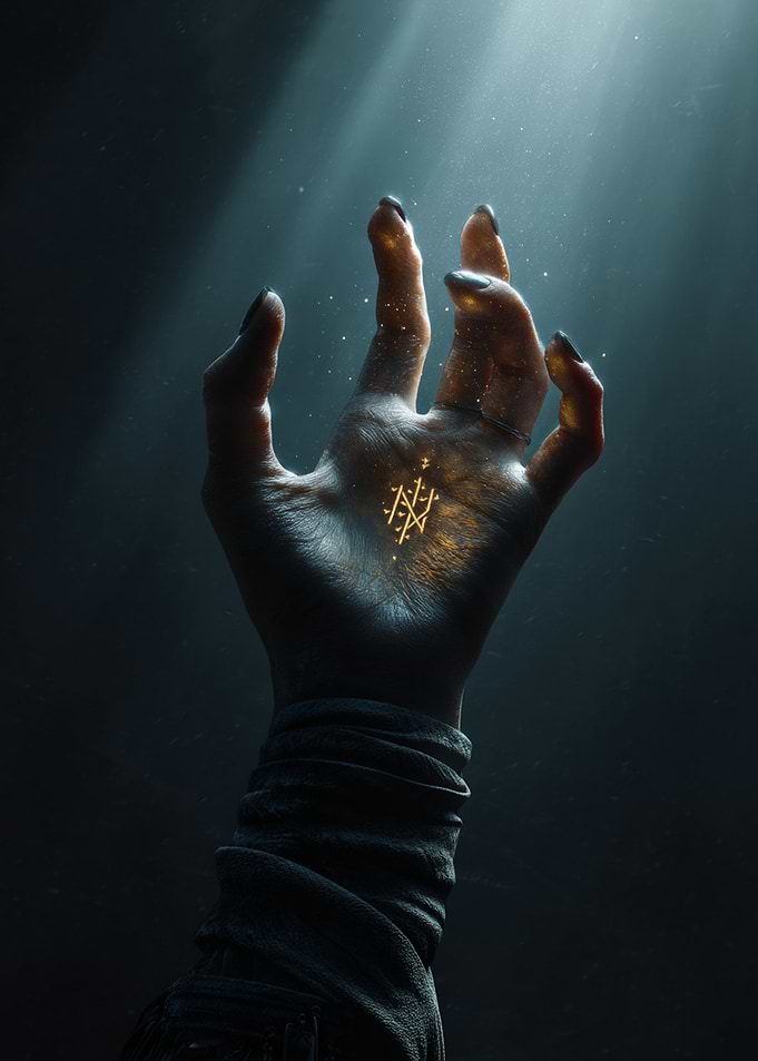 Hand with Glowing Symbol in Darkness