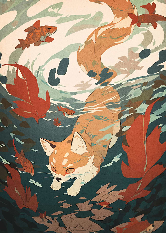 Fox in Water with Fish and Leaves