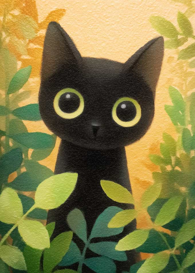 Cute Black Cat in Greenery