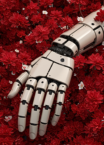 Robotic Arm in Red Floral Garden