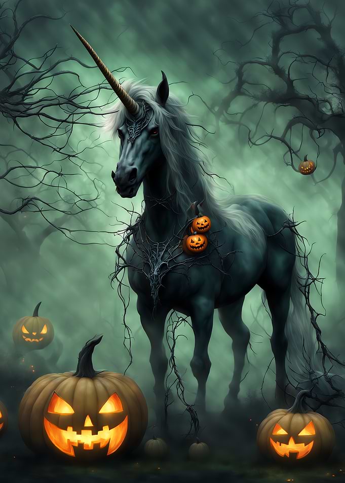 Halloween Unicorn with Pumpkins in Forest