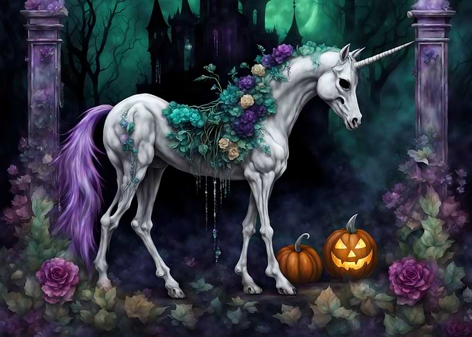 Epic Halloween Floral Unicorn with Pumpkins