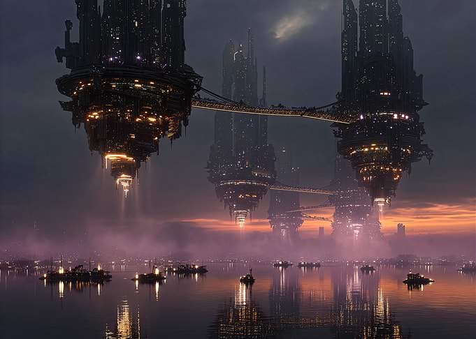 Futuristic Cityscape over Water at Dusk