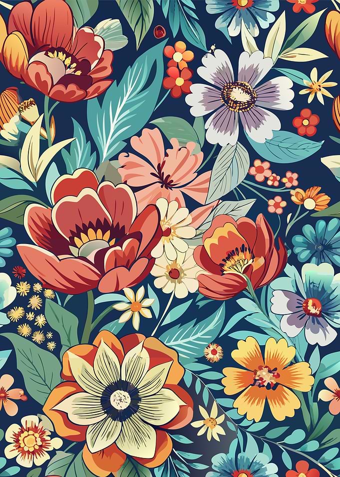Floral Pattern with Red and Blue Flowers