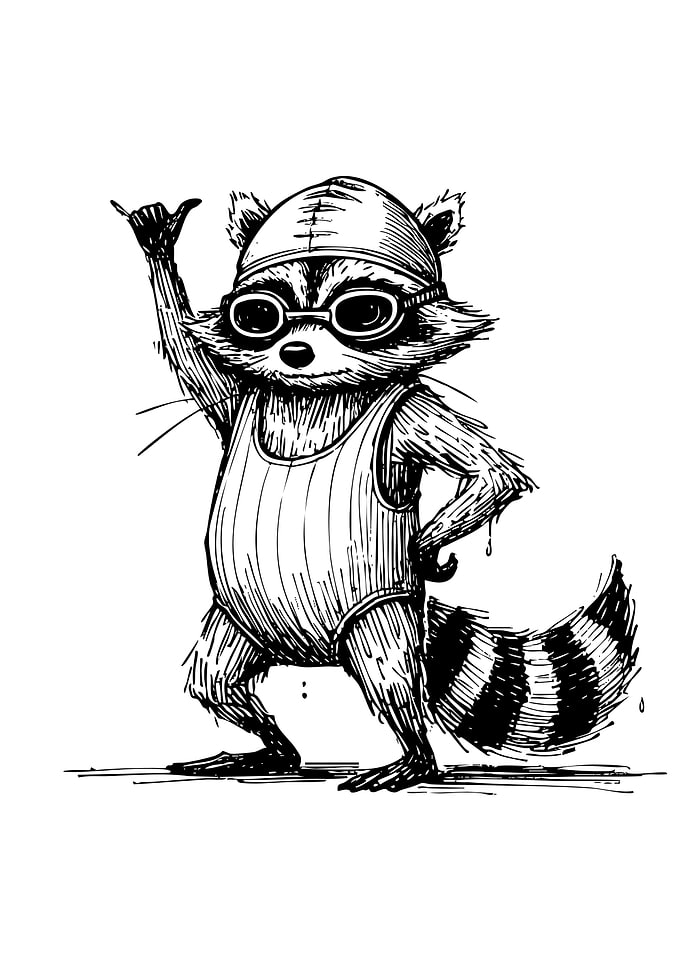 Raccoon Swimmer Ink Drawing