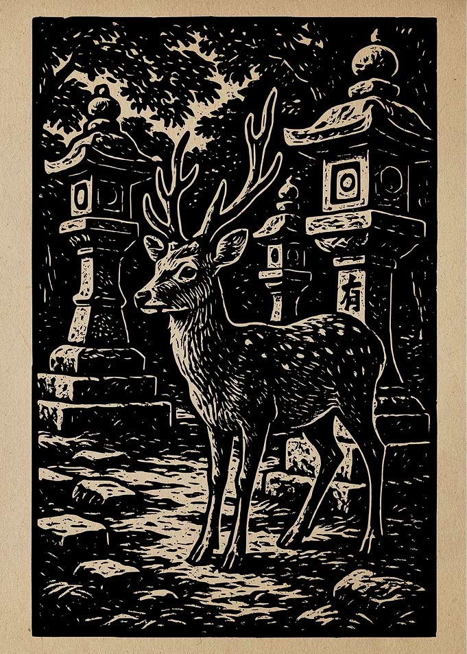 Deer and Lanterns Woodcut Print