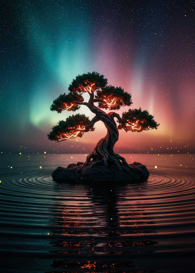Glowing Bonsai Tree Under Aurora Borealis