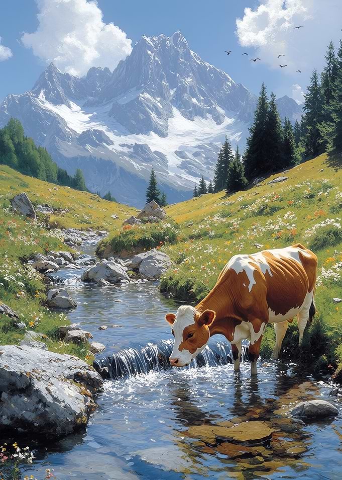 Cow Drinking Water in Mountain Landscape