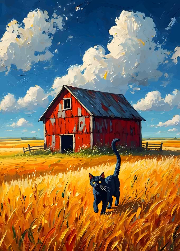 Black cat in a field painting