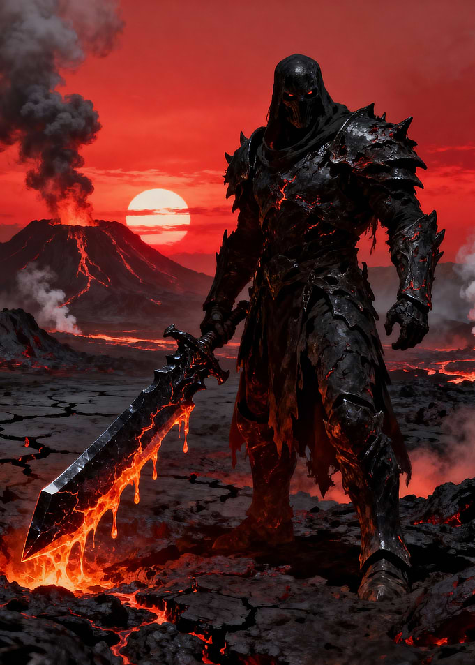 Lava Knight with Sword in Volcanic Landscape