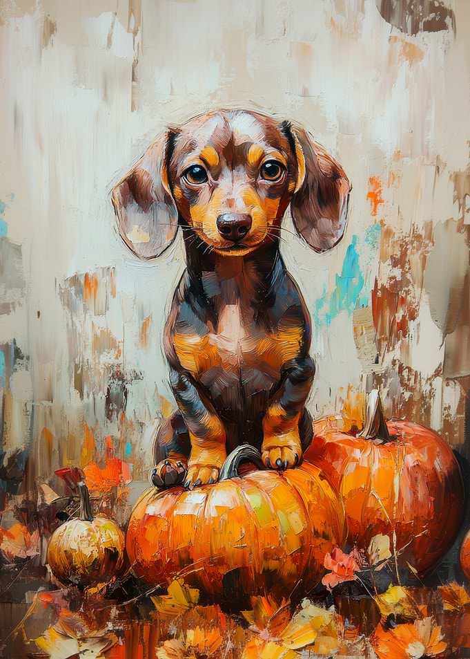 Dachshund Puppy on Pumpkins Painting | Autumn Dog Print
