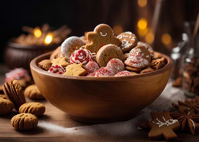 Festive Christmas Cookies in Wooden Bowl